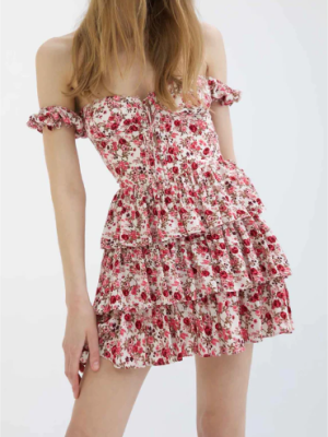 Off-Shoulder Floral Tiered Lace Crisscross Dress
