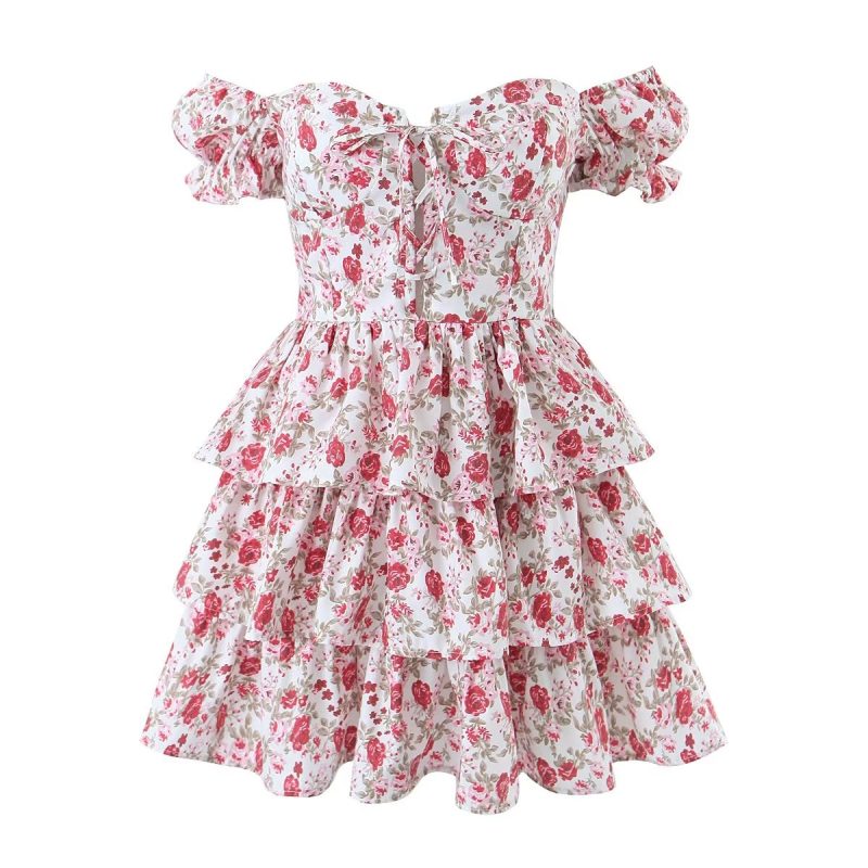Off-Shoulder Floral Tiered Lace Crisscross Dress - Image 2