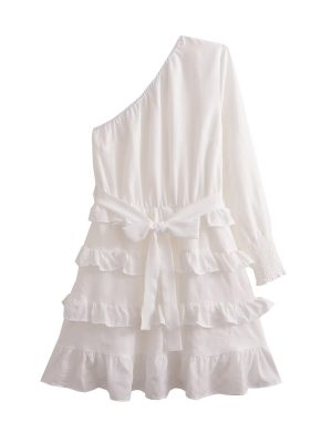 Textured One-Shoulder Tiered Spring Fall Dress