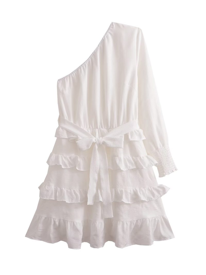 Textured One-Shoulder Tiered Spring Fall Dress