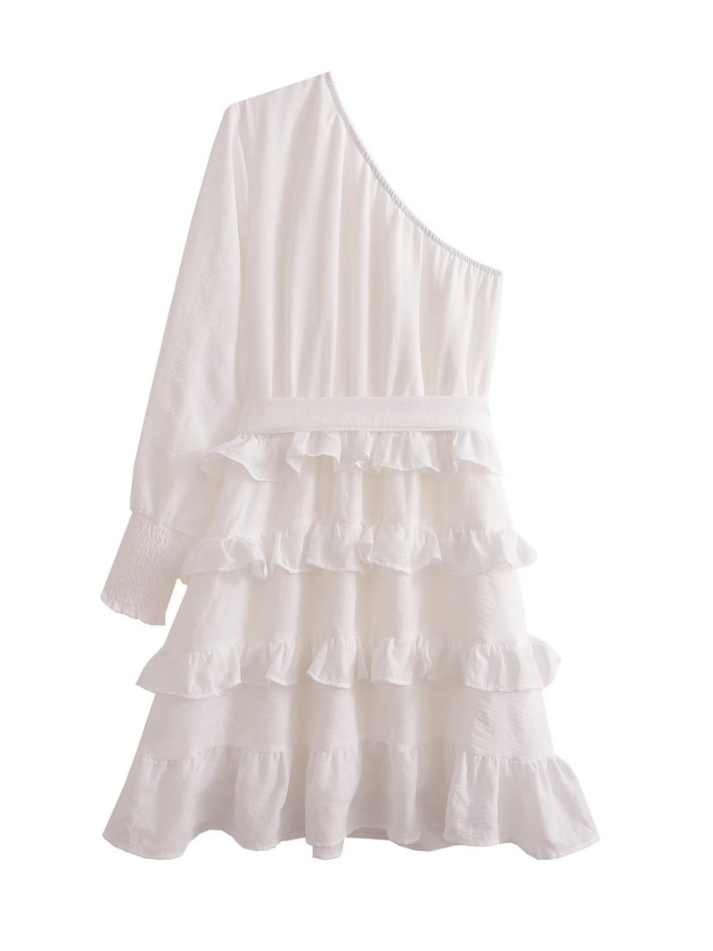 Textured One-Shoulder Tiered Spring Fall Dress - Image 2
