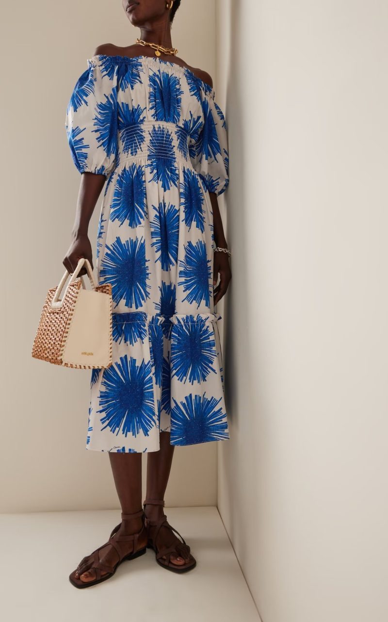Blue Floral Short Sleeve Spring Midi Dress