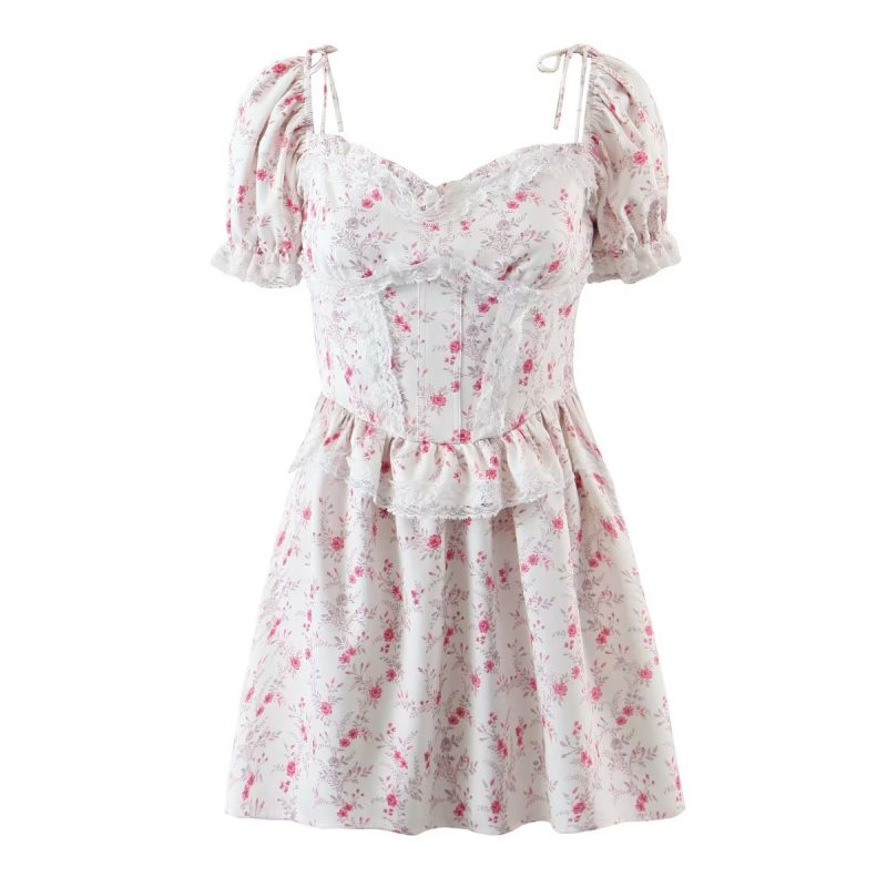 French Floral Lace Stitch Slim Fit Dress