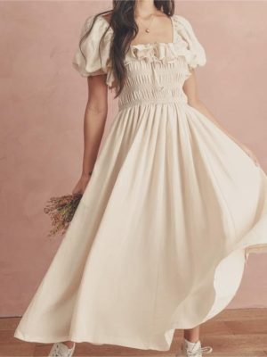Ruffled Square Neck Elastic Waist Spring Dress