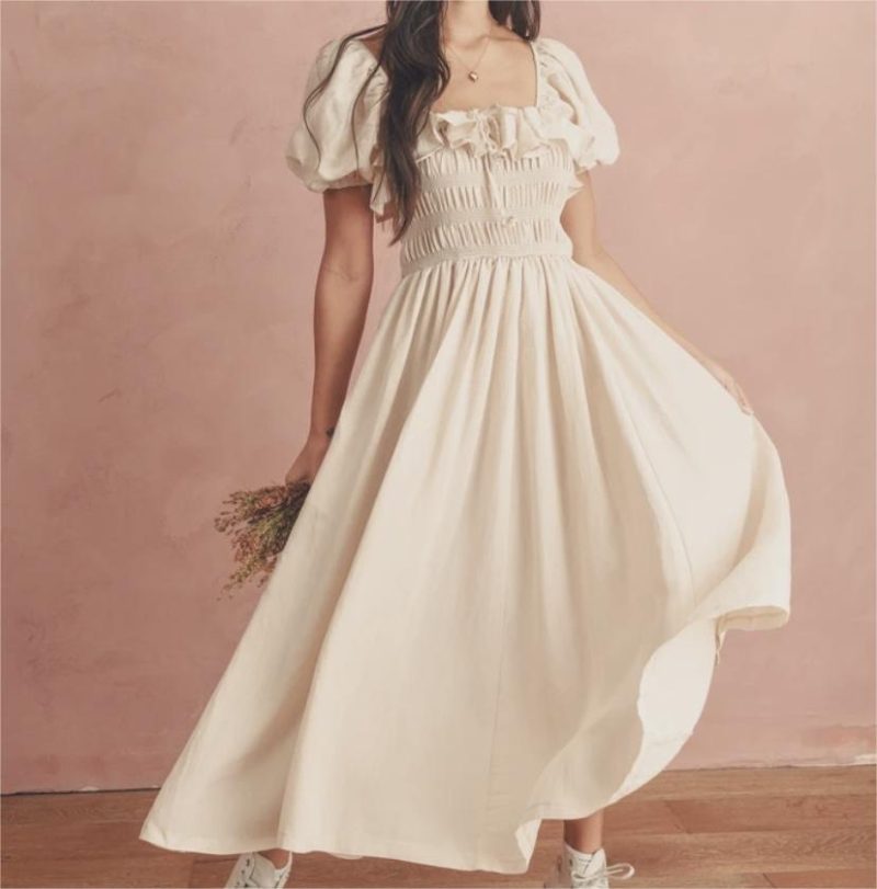 Ruffled Square Neck Elastic Waist Spring Dress