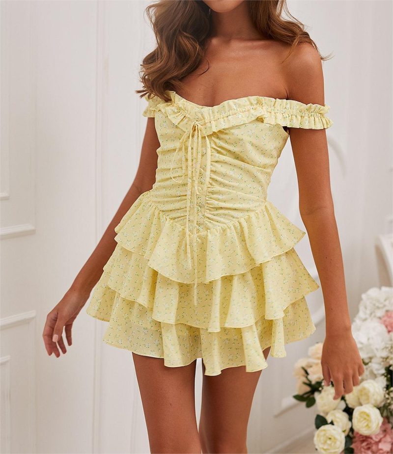 Off-Shoulder Ruffled Printed Short Summer Dress