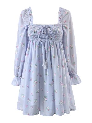 Spring Short Purple Floral Dress with Puff Sleeves