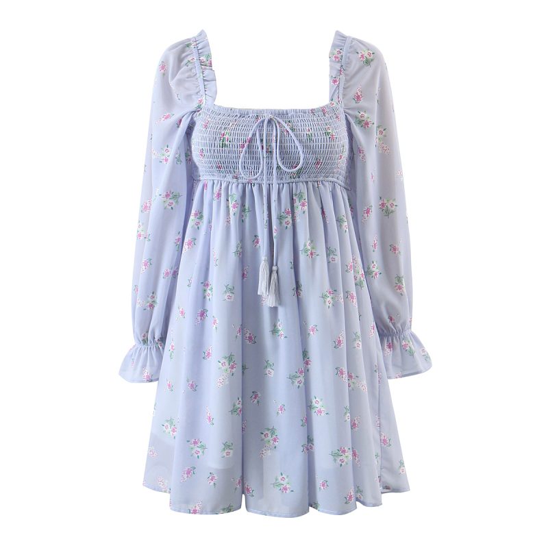 Spring Short Purple Floral Dress with Puff Sleeves