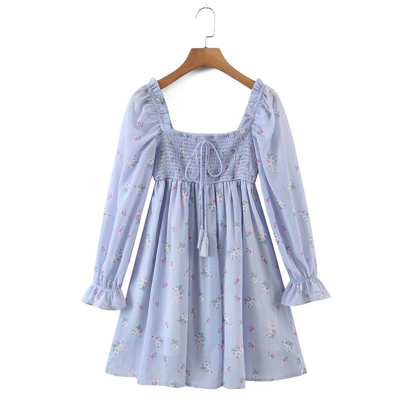Spring Short Purple Floral Dress with Puff Sleeves - Image 2