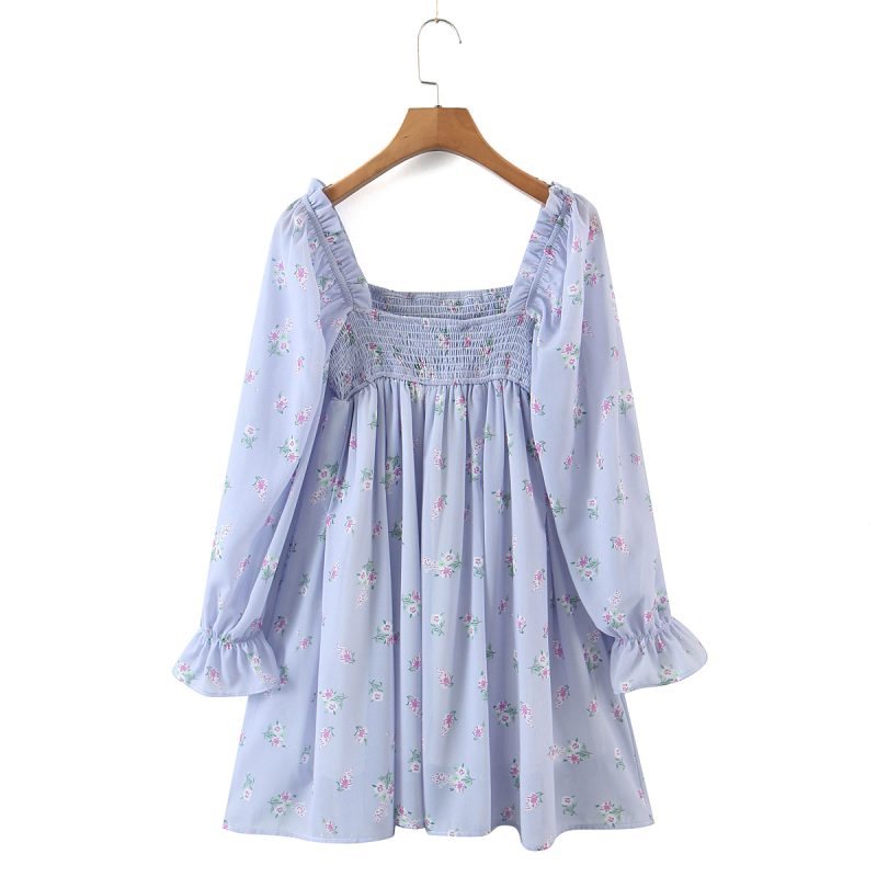 Spring Short Purple Floral Dress with Puff Sleeves - Image 3