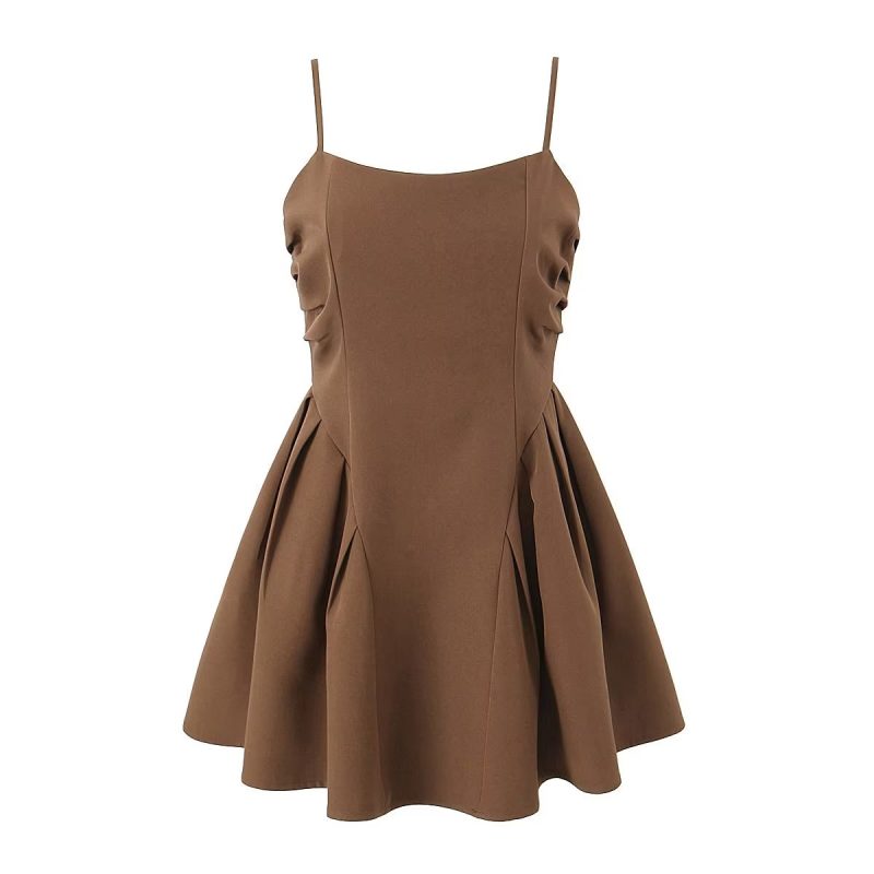 Solid Color Pleated Waist Suspender Dress