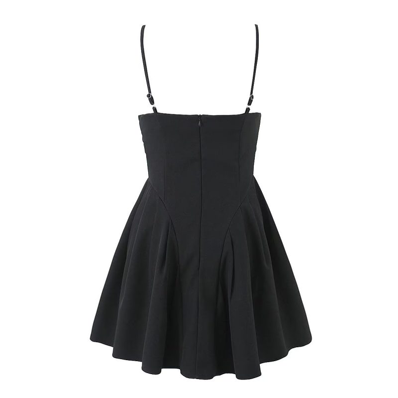 Solid Color Pleated Waist Suspender Dress - Image 2