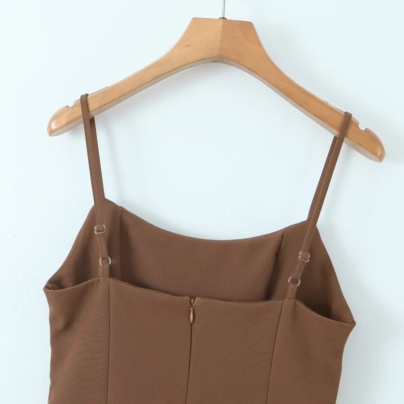 Solid Color Pleated Waist Suspender Dress - Image 3
