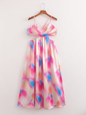 High Waist Backless Tie-Dye Dress Women