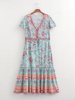 Vacation Beach Print Waist Controlled Summer Dress