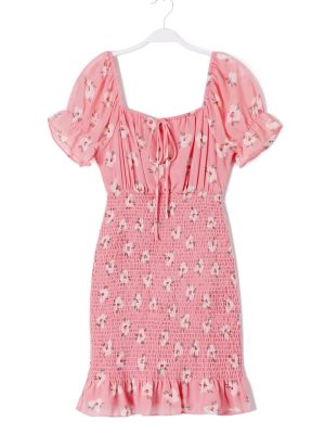 Pink Cutout Tie Front Lotus Leaf Dress