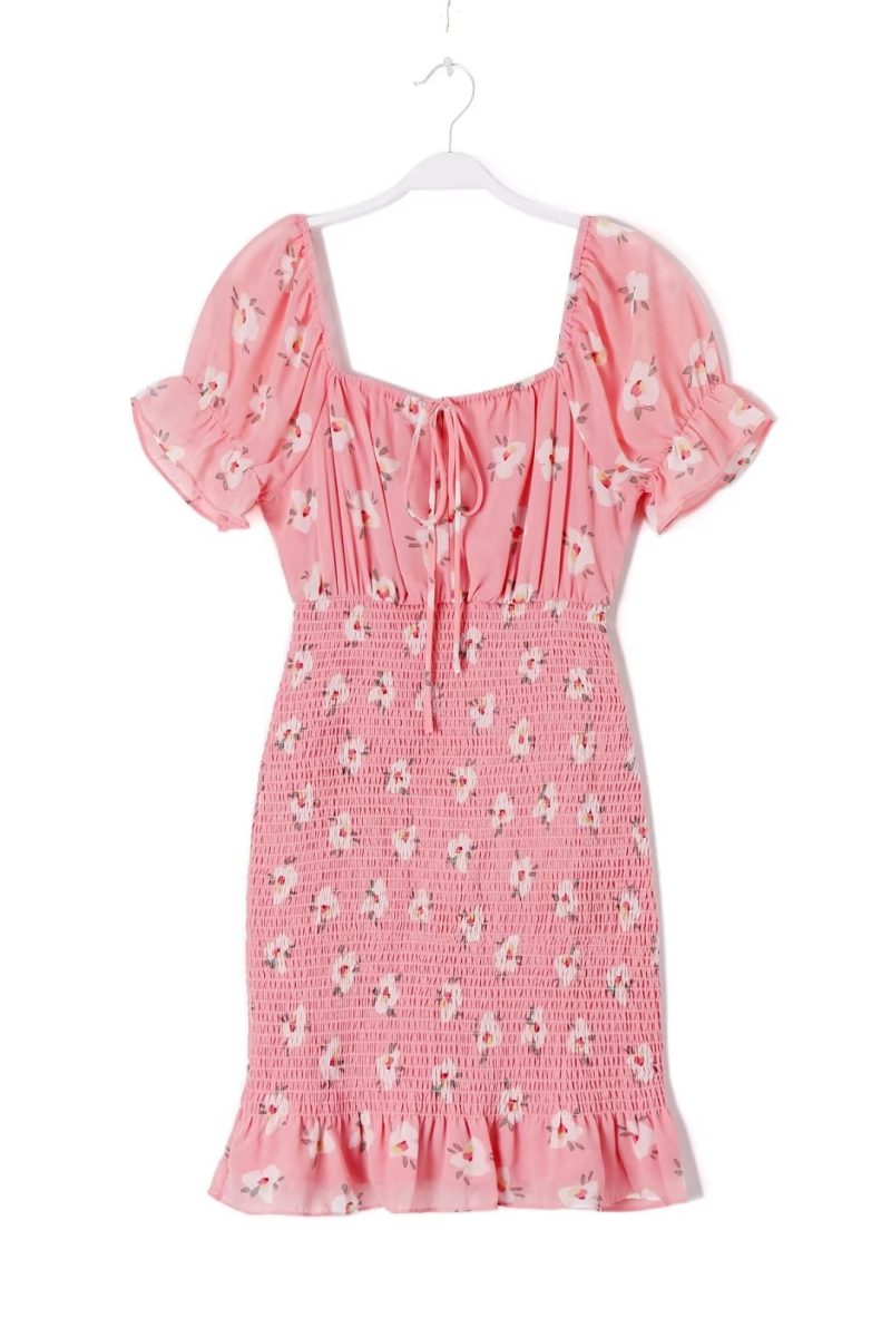 Pink Cutout Tie Front Lotus Leaf Dress