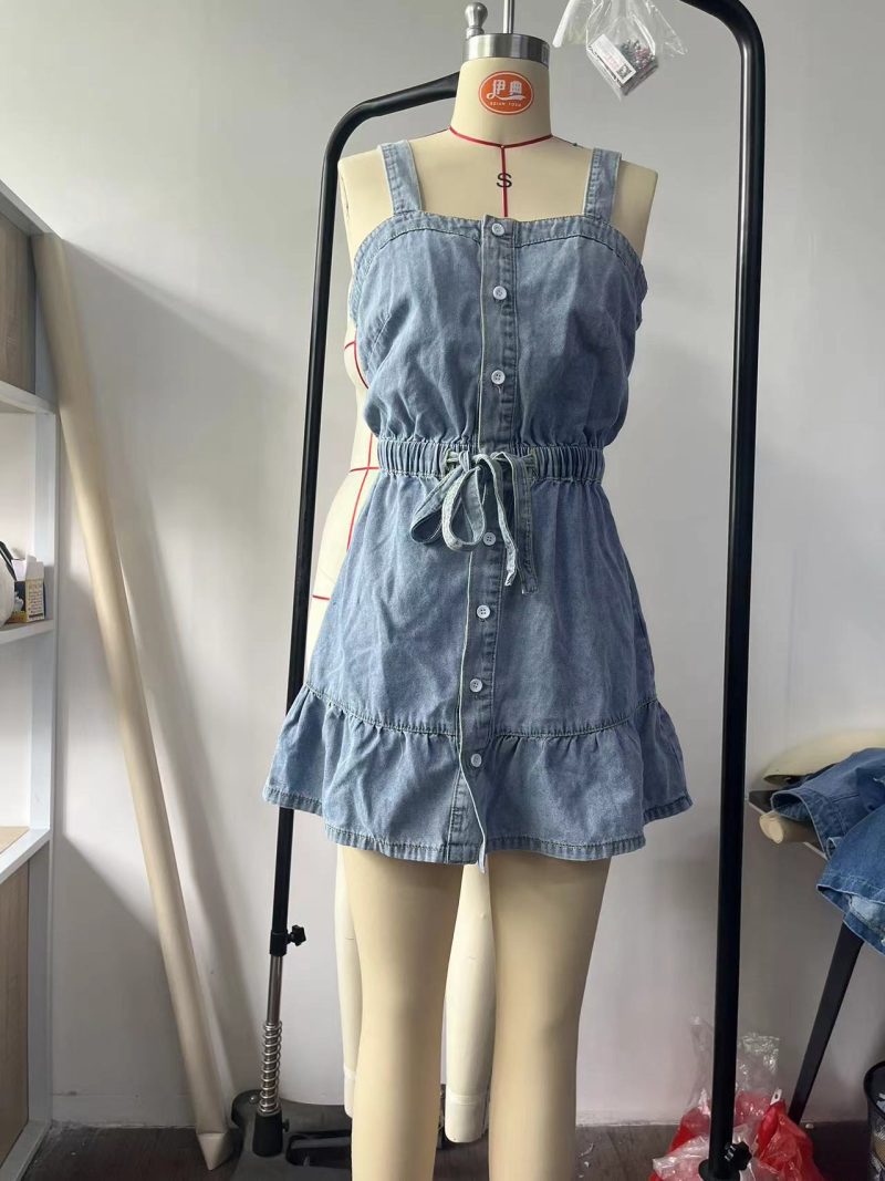 Sweet Stitching Denim Slip Dress with Tie - Image 4