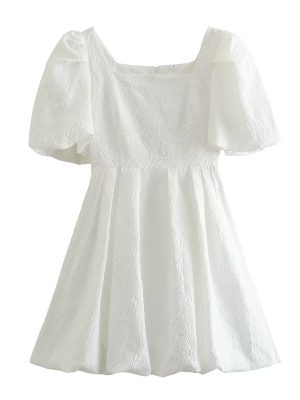 Elegant Embossed Short Sleeve A-Line Dress