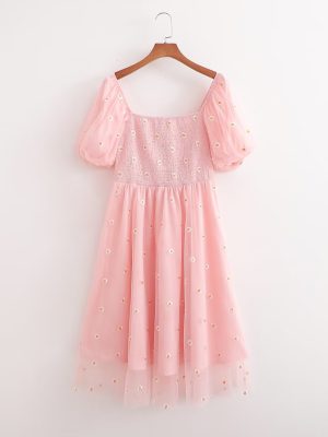 French Mesh Embroidered Puff Sleeve Spring Dress