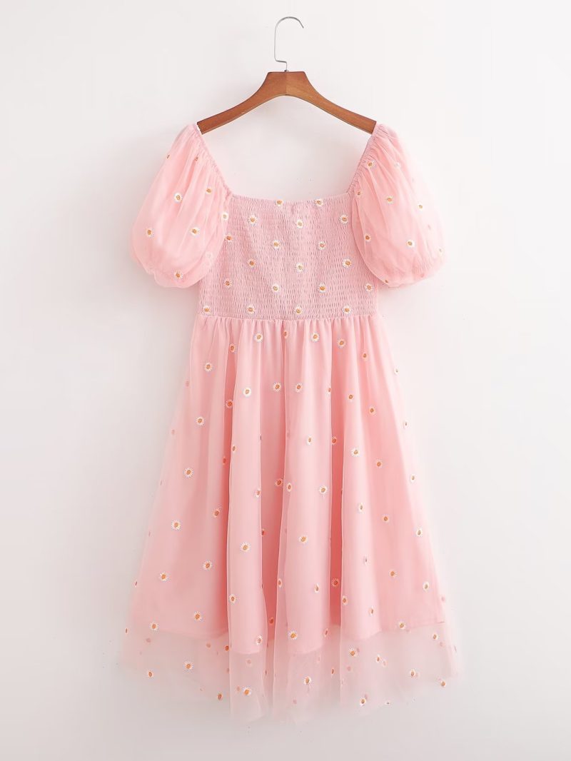 French Mesh Embroidered Puff Sleeve Spring Dress - Image 2