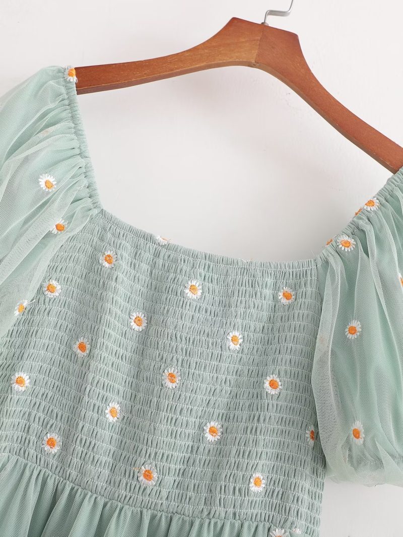 French Mesh Embroidered Puff Sleeve Spring Dress - Image 3