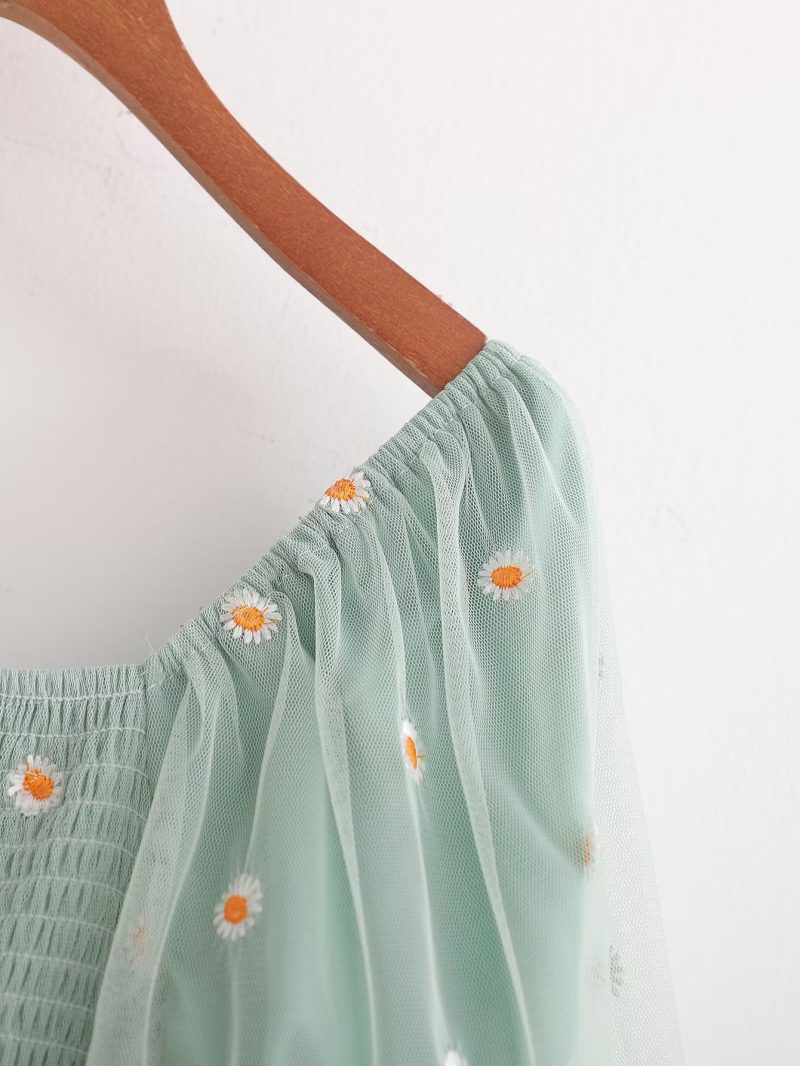 French Mesh Embroidered Puff Sleeve Spring Dress - Image 4