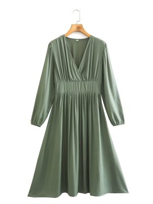 Elegant V-Neck Pleated High Waist Dress