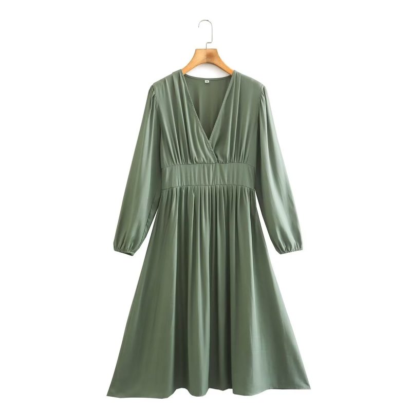 Elegant V-Neck Pleated High Waist Dress