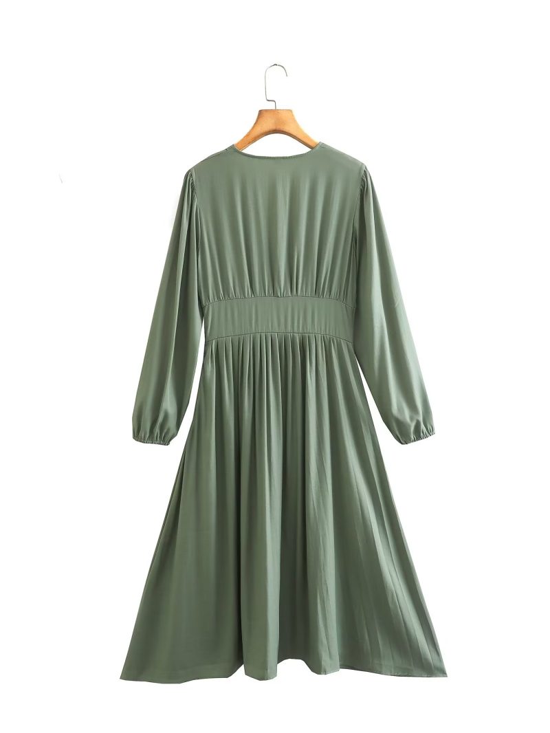Elegant V-Neck Pleated High Waist Dress - Image 2