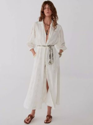 Embroidered Cotton Lapel Dress for Spring Elegance