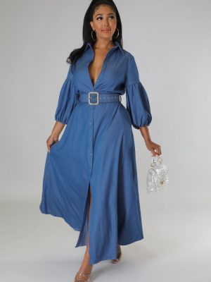 Autumn Blue Denim Long Sleeve Shirt Dress