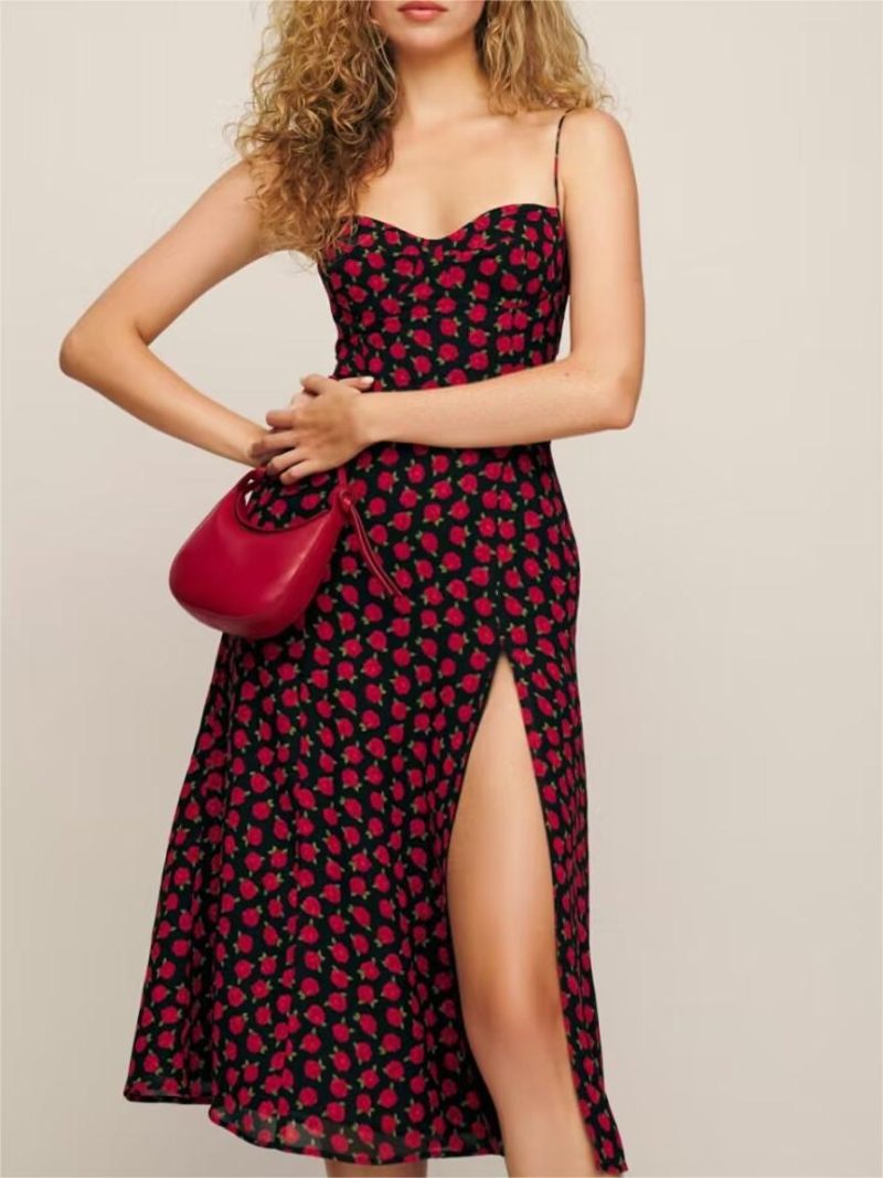 Retro Floral Sling Dress with Side Slit