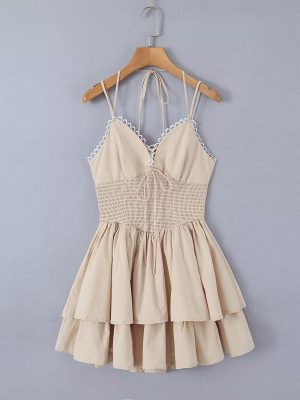 French Deep V Pleated Halter Suspender Dress