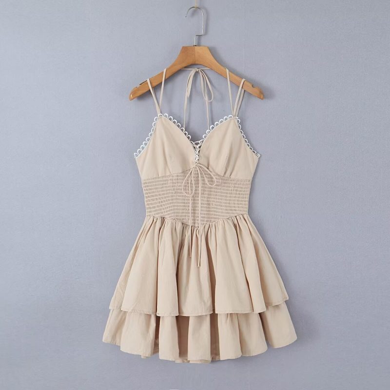 French Deep V Pleated Halter Suspender Dress