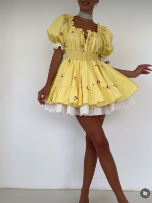 Cherry Print Puff Sleeve Lace Trim Dress