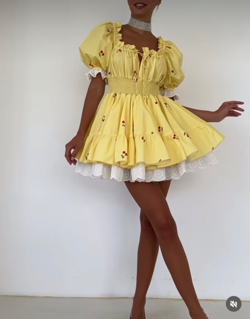 Cherry Print Puff Sleeve Lace Trim Dress
