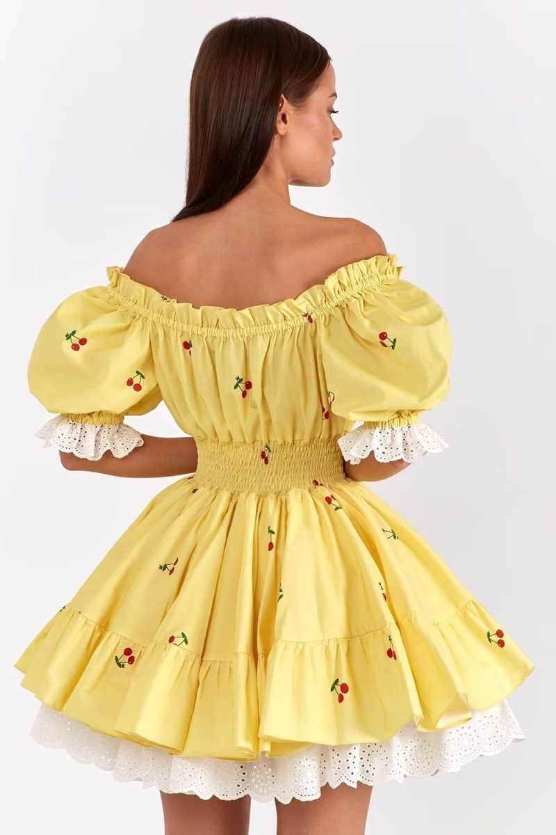 Cherry Print Puff Sleeve Lace Trim Dress - Image 2