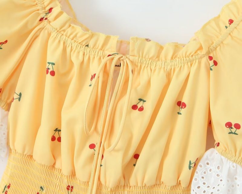 Cherry Print Puff Sleeve Lace Trim Dress - Image 3
