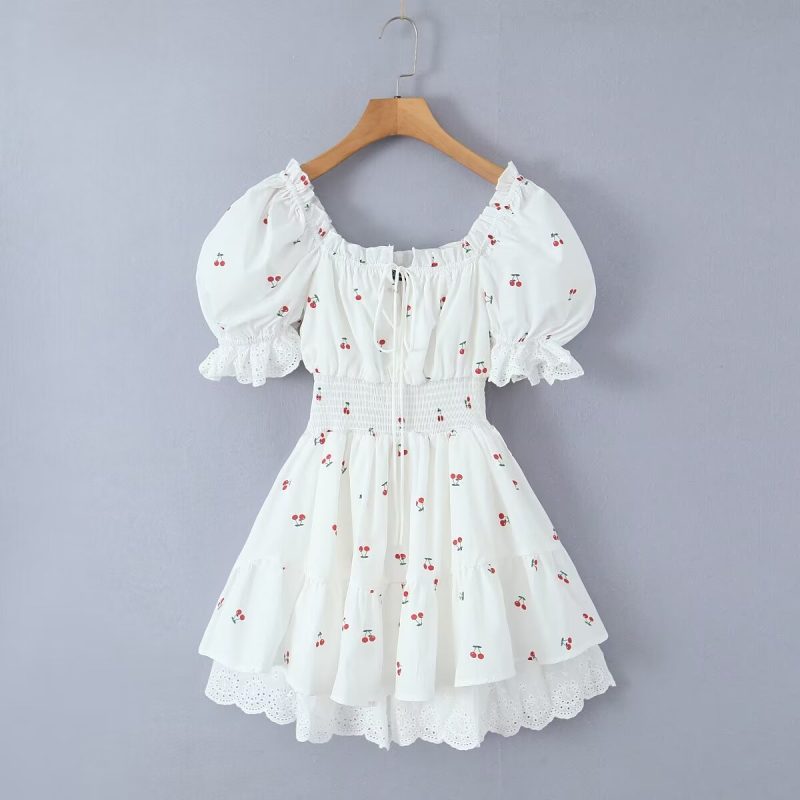 Cherry Print Puff Sleeve Lace Trim Dress - Image 4