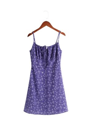 Sweet Purple Floral Slim Spaghetti Strap Dress