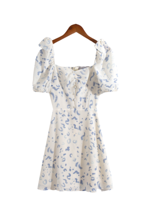 French Square Collar Puff Sleeve A-Line Dress