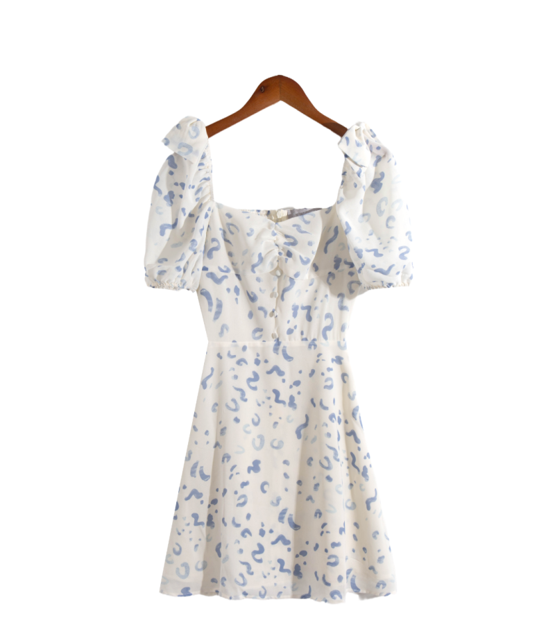 French Square Collar Puff Sleeve A-Line Dress