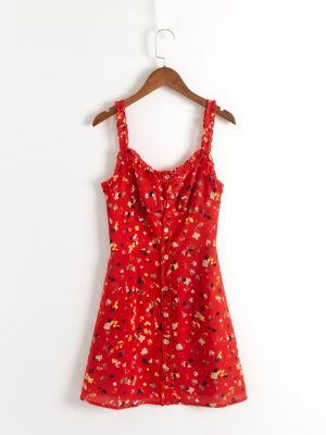 Red Small Floral Lace Strap Dress – Pleated Autumn Style