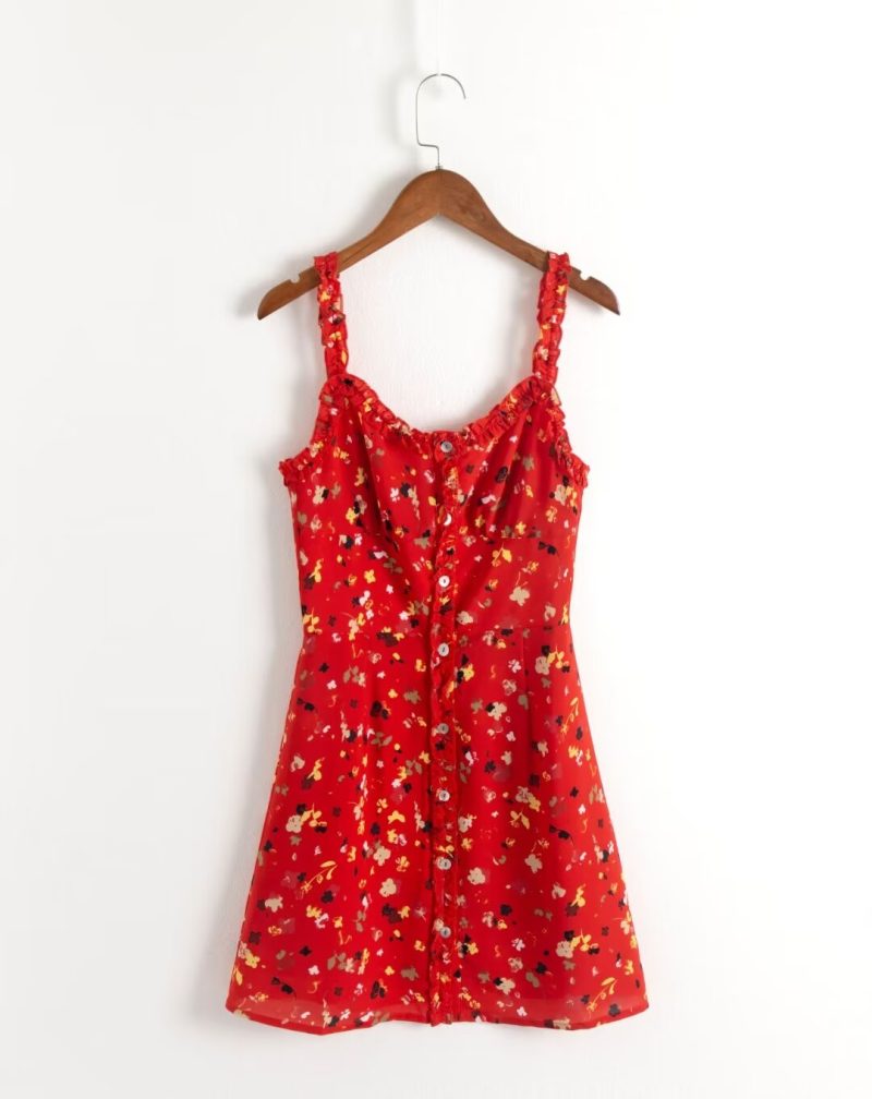 Red Small Floral Lace Strap Dress – Pleated Autumn Style