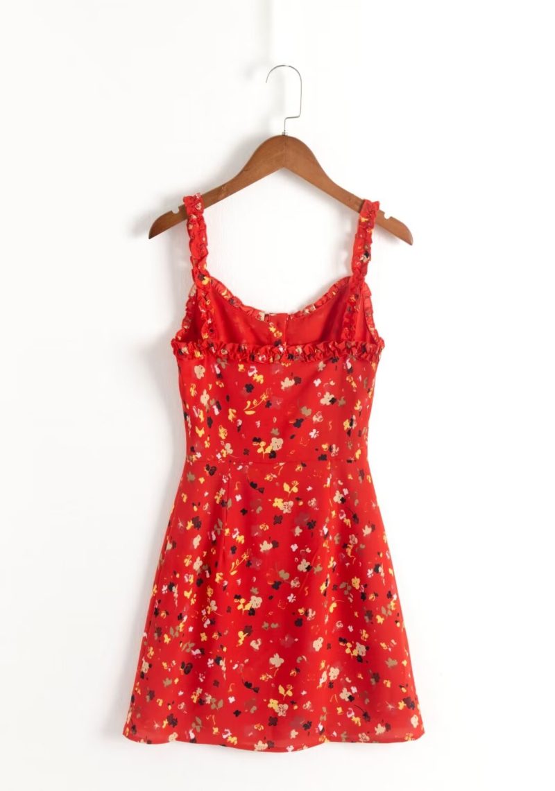 Red Small Floral Lace Strap Dress – Pleated Autumn Style - Image 2