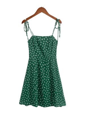 French Green Backless Sling Summer Dress Women