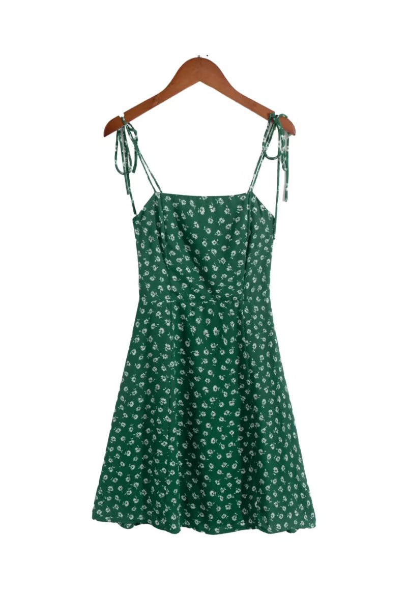 French Green Backless Sling Summer Dress Women