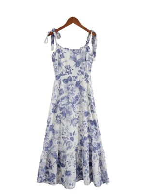 Porcelain Print Summer Dress – Long Lace-Up Back