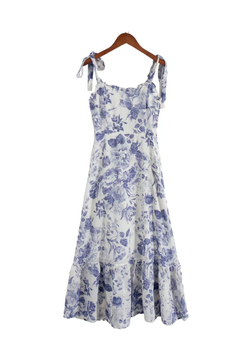 Porcelain Print Summer Dress – Long Lace-Up Back